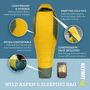 Klymit Wild Aspen Lightweight Mummy Sleeping Bag 0°F Weather XL 13WAGR20C Yellow Like New