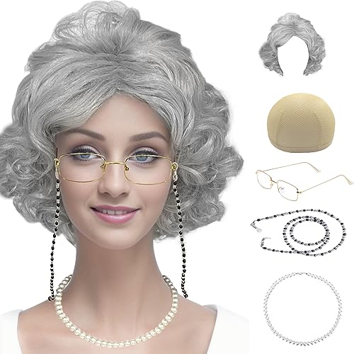 CUPOHUS OLD LADY COSTUME SET GRANDMA WIG CAP MADEA GLANNY GLASSES - LIGHT GRAY - Like New