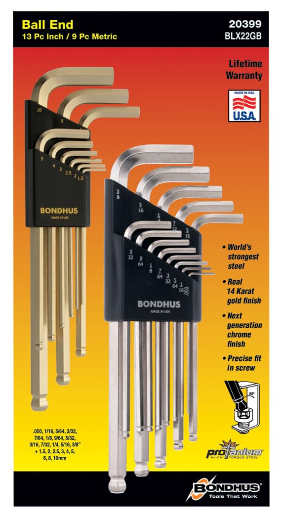 BONDHUS BALL END L-WRENCH DOUBLEPK W/BRITEGUARD & GOLDGUARD FINISH 20399 - Like New