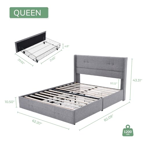 NOVILLA QUEEN SIZE BED FRAME PLATFORM WITH 4 STORAGE DRAWERS AND FABRIC - GRAY - Like New