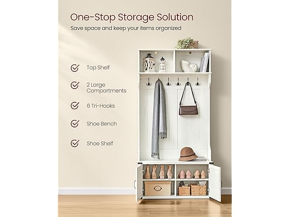 VASAGLE HALL TREE WITH BENCH SHOE STORAGE, COAT RACK  SHOE BENCH - RUSTIC WHITE - Like New