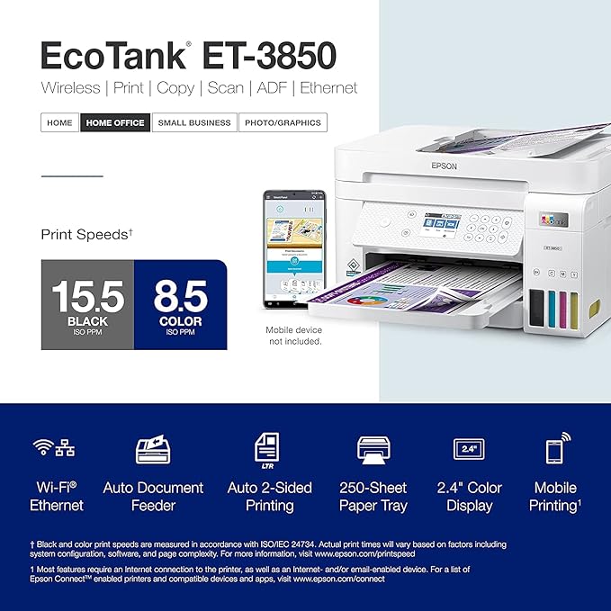 Epson EcoTank Wireless Color All-in-One Cartridge-Free ET-3850 Supertank - WHITE Like New