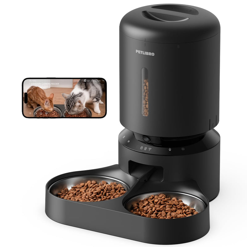 PETLIBRO AUTOMATIC CAT FEEDER CAMERA FOR TWO CATS 1080P HD VIDEO, 5L - BLACK - Like New