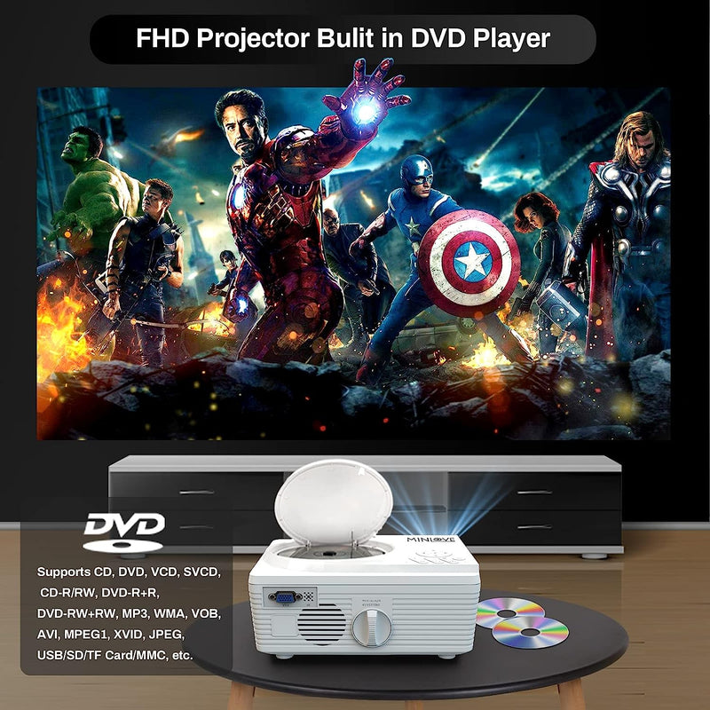 Native 1080P WiFi Bluetooth Projector Built in DVD Player MINLOVE FHD PJ-118S - Like New