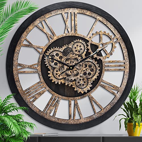 HOIBAI WALL CLOCK LIVING ROOM DECOR LARGE 24" IN 60CM MOVING GEAR RETRO BLACK - Like New