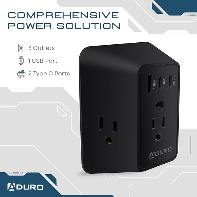 Aduro Multi Plug Outlet Extender Surge Protector Wall Charger - Black Like New