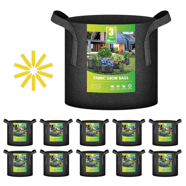 IPOWER 10 PACK 3 GALLON PLANT BAGS HEAVY DUTY THICKENED NONWOVEN - BLACK - Like New