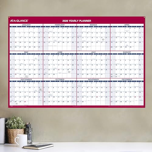 AT-A-GLANCE 2026 ERASABLE CALENDAR DRY ERASE WALL PLANNER 48" X 32" - RED/WHITE - Like New