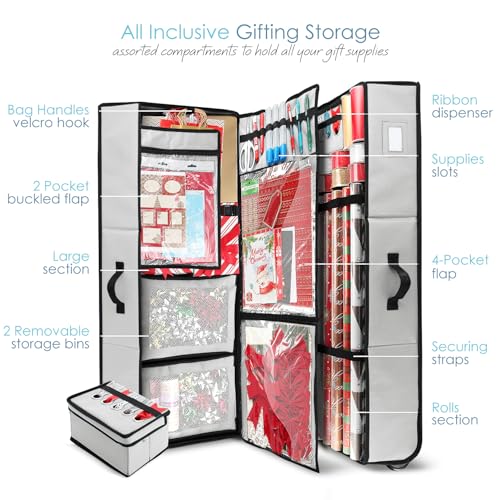 HEARTH & HARBOR WRAPPING PAPER STORAGE CONTAINER, INTERIOR POCKETS - SILVER XL - Like New