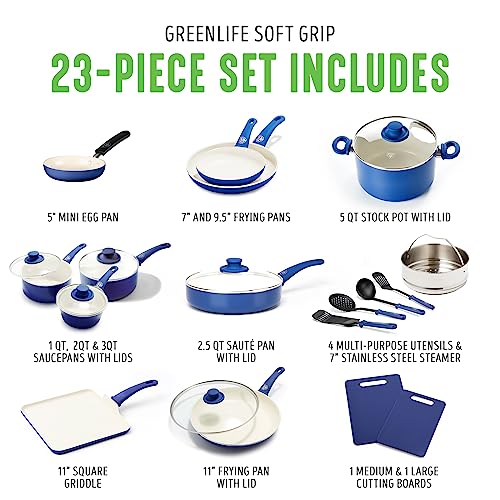 GreenLife Soft Grip 23 Piece Kitchen Cookware Pots and Frying Saucepans - Blue - Like New