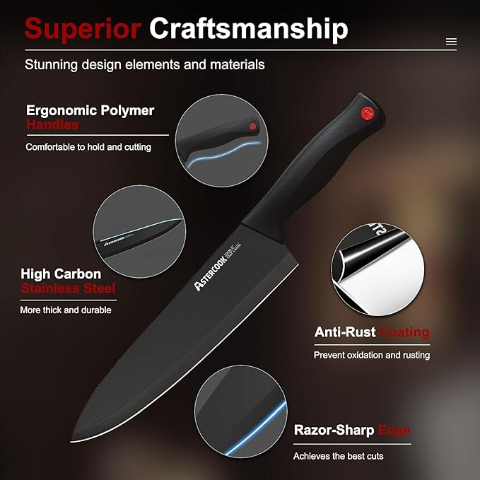 Astercook 15 Piece Knife Set Sharpener Block German Stainless Steel - BLACK - Like New