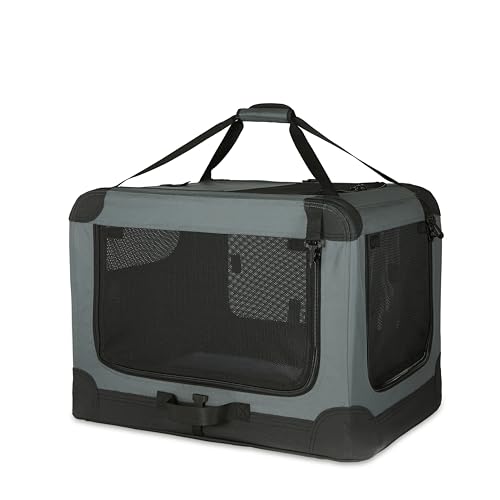 AMAZON BASICS 4-DOORS PORTABLE SOFT-SIDED CRATE KENNEL 26" X 18" X 18" - GRAY - Like New