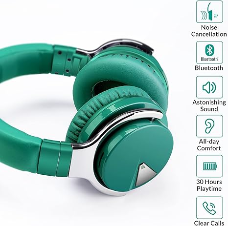 Silensys E7 Active Noise Cancelling Headphones Bluetooth Deep Bass - Green - Like New