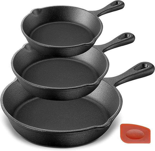 NutriChef Pre-Seasoned Cast Iron Skillet Pans 3 Pieces Frying Pan NCCI76 - BLACK Like New