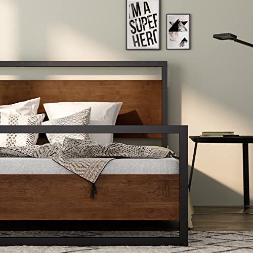 ZINUS SUZANNE BAMBOO METAL PLATFORM BED FRAME FOOTBOARD WOOD SLAT QN - BROWN - Like New