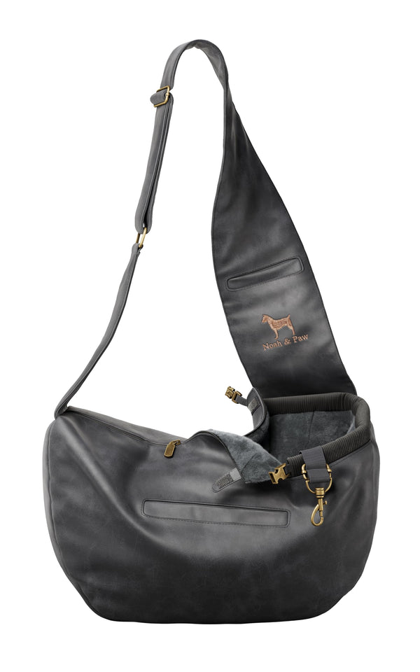 NOAH & PAW DOG SLING CARRIER FOR SMALL DOGS 5-18LB, VEGAN LEATHER - CHARCOAL - Like New