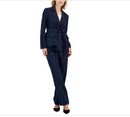 Le Suit Women's Belted Pinstripe Blazer & Pants - Navy - Brand New