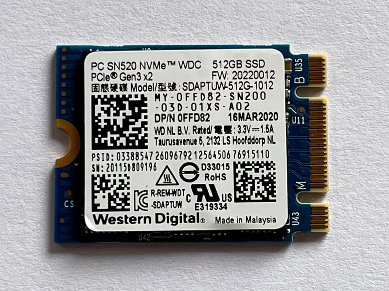 WESTERN DIGITAL SN520 512GB NVME PCIE GEN3X2 M.2 2230 - BLUE - Like New