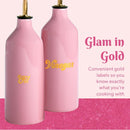 PARIS HILTON CERAMIC OIL AND VINEGAR CRUET SET, DRIP-FREE SPOUTS, GOLD DETAILS - Like New