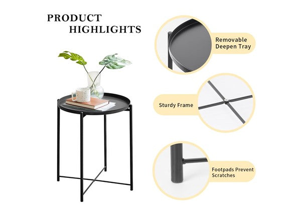 FANCIAL ROUND SIDE TABLE METAL SMALL BEDSIDE NIGHTSTAND - BLACK - Like New