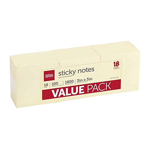OFFICE DEPOT BRAND STICKY NOTES 3" X 3" 100 SHEETS PER PAD 18 PADS - NEW - Brand New