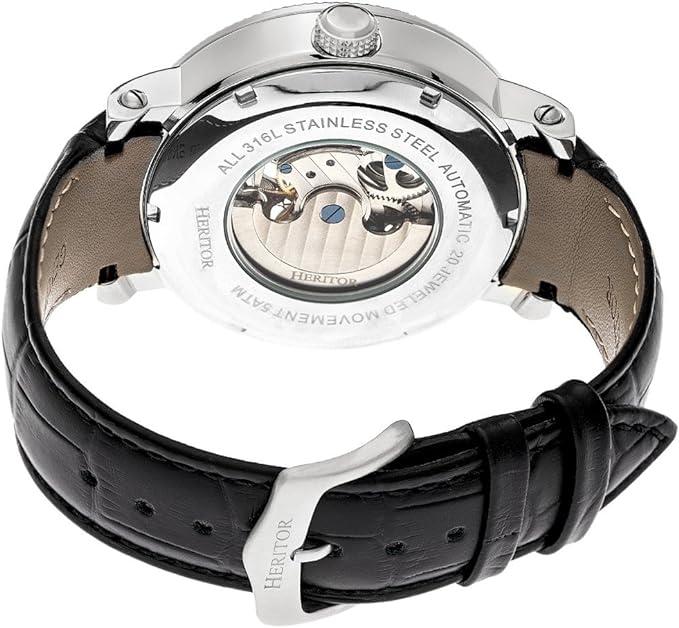 HERITOR Men's 'Aries Skeleton' Stainless Steel and Leather Watch - BLACK LEATHER Like New