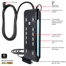GE ULTRAPRO 12 OUTLET SURGE PROTECTOR, TETHERED 2 USB PORTS, 11824 - BLACK - Like New