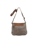 MYRA THE FLAP-OVER UPCYCLED CANVAS AND GENUINE LEATHER CROSSBODY BAG BROWN/GRAY - Brand New