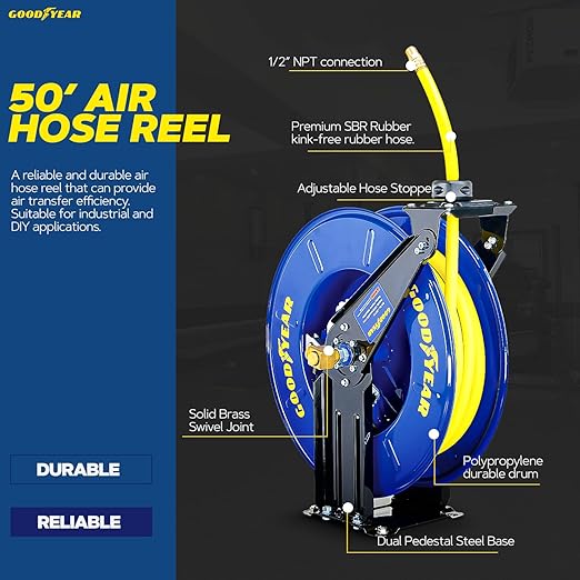 Goodyear Air Hose Reel Retractable 1/2"x50' Foot Long 300 Psi L820154G - BLUE Like New