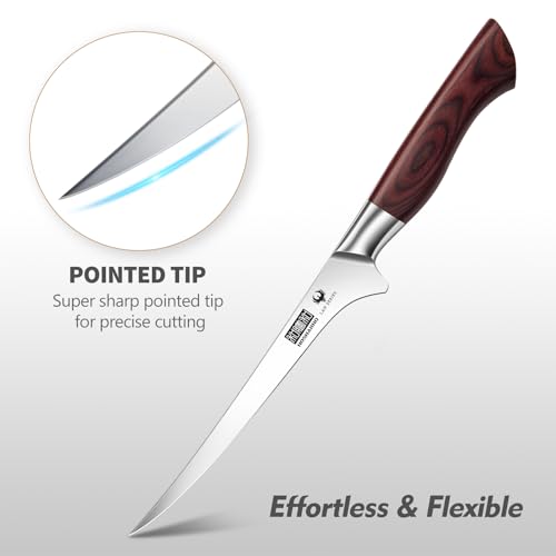 HOSHANHO FILLET KNIFE 7 INCH, HIGH CARBON STEEL BONING KNIFE - SILVER/RED/BLACK - Like New