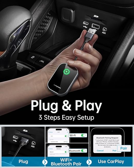 Luckymore Carplay Adapter Converts Wired to Wireless Dongle WL01-C - Black Like New