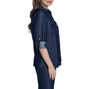 H5CD3CBV HALSTON WOMEN'S ROLL-TAB SLEEVE DENIM-LIKE COLLARED TOP DARK BLUE L - Like New