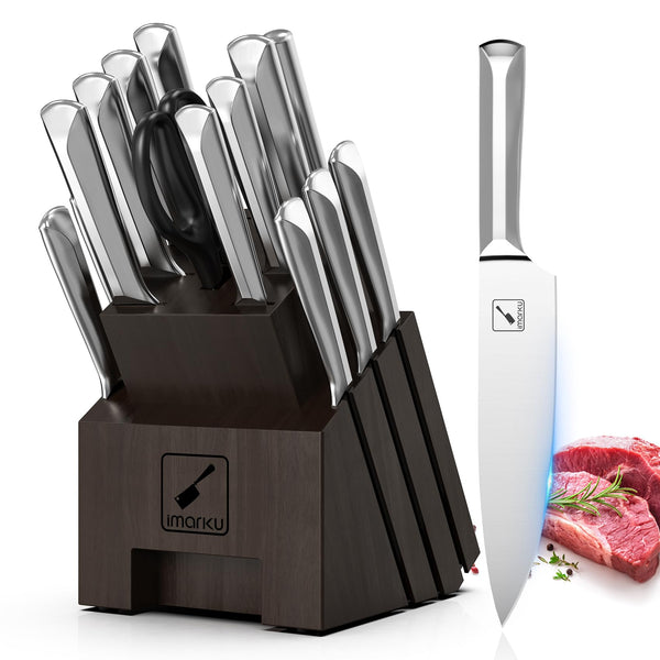 IMARKU 16 PIECE KNIFE SET, STAINLESS STEEL, KITCHEN SHARPENER K19 - DARK GRAY - Like New