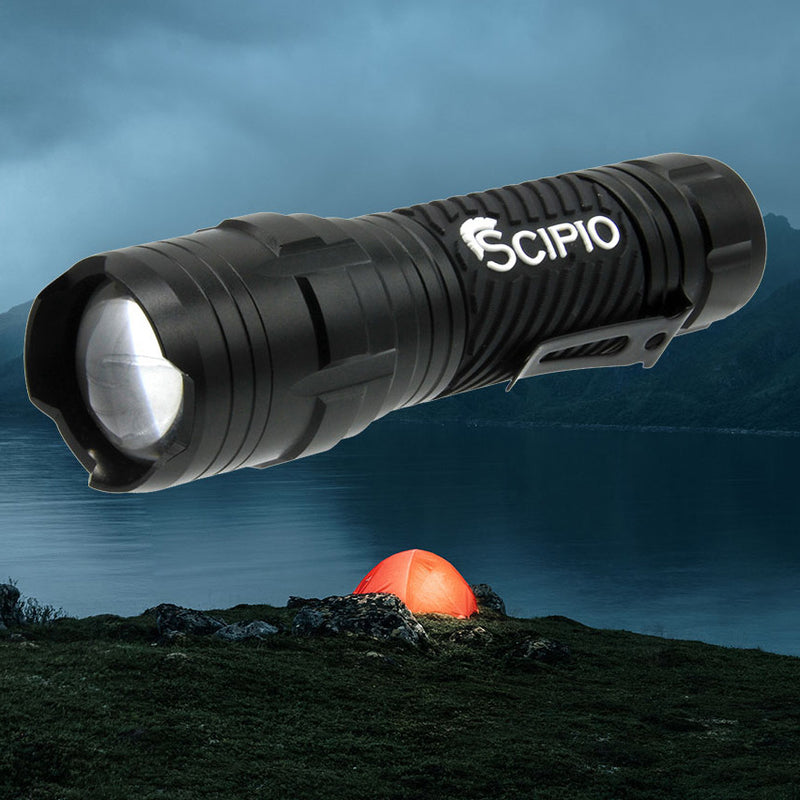 Scipio Aluminum Zoom Flashlight 306001A9 Camping EDC Torch 180 Lumens Lightweight with 3 Beam Modes - Black