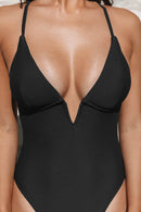 CUPSHE DEEP V-WIRE CROSS BACK CHEEKY BLACK ONE PIECE SWIMSUIT - SIZE: L - BLACK - Brand New