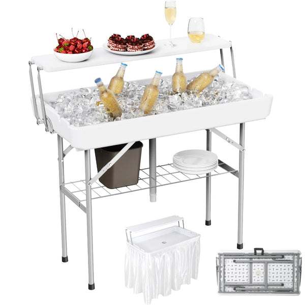 ALLPOP 2 TIERS FOLDING ICE COOLER TABLE WITH MATCHING SKIRT - WHITE - Brand New