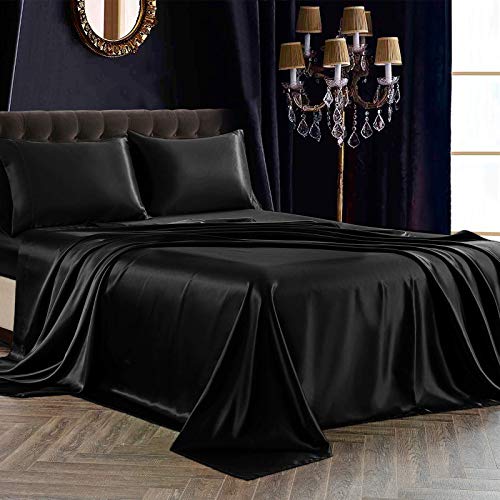 SiinvdaBZX 4Pcs Satin Sheet Set Queen Size Ultra Silky Soft Black Satin - Brand New