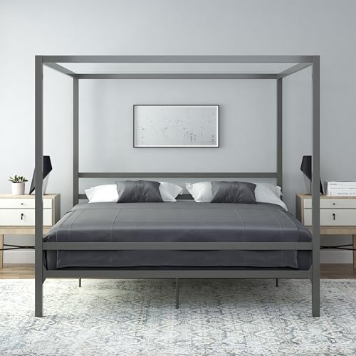 DHP King Metal Canopy Bed, Modern Design with Built-In Headboard, Sturdy Frame - Like New