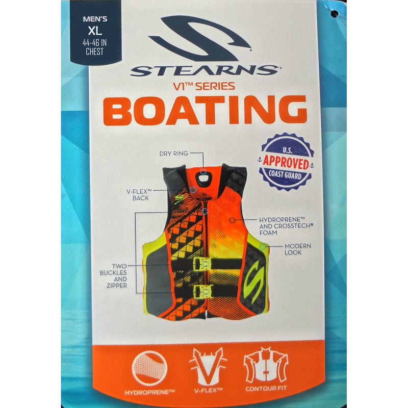 STEARNS V1 HYDROPRENE ADULT MEN'S LIFE VEST EXTRA LARGE - SIZE: MEN XL - ORANGE - Like New