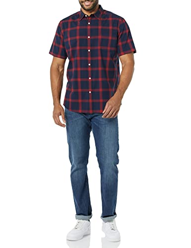AMAZON ESSENTIALS MEN'S SHORT-SLEEVE POPLIN NAVY RED BUFFALO PLAID SIZE M - Brand New