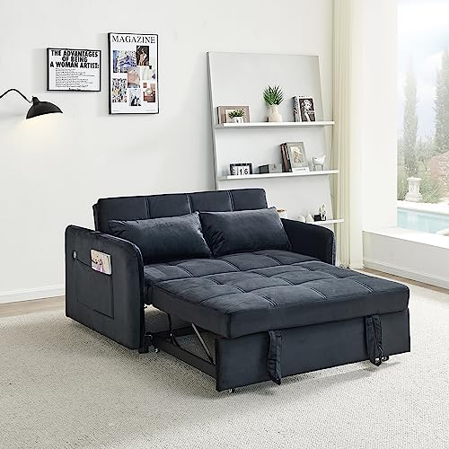 GENERIC 55.5" TWINS PULL OUT SOFA BED BLACK VELVET W1097104078 - BLACK - Like New