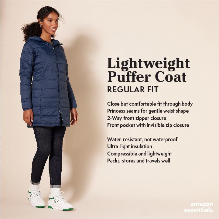 AMAZON ESSENTIALS WOMEN'S REGULAR-FIT LIGHTWEIGHT WATER-RESISTANT PUFFER COAT - Brand New