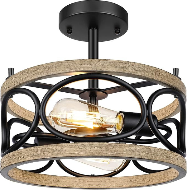 LAKUMU 2-Light Farmhouse Semi Flush Mount Ceiling Light, C3228-02-WDBK  - Oak Like New