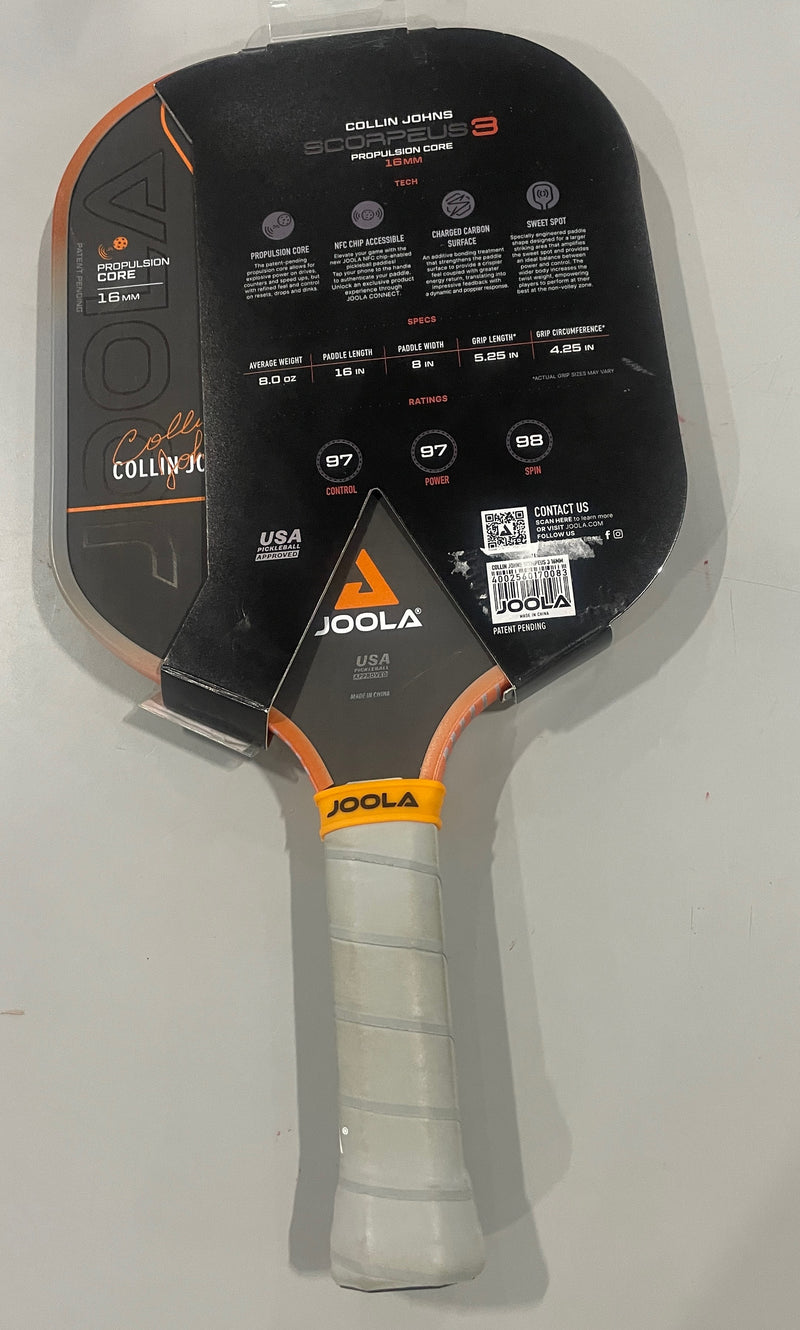 JOOLA COLLIN JOHNS SCORPEUS 3 16MM PICKLEBALL PADDLE - BLACK/ORANGE - Like New