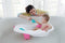 FISHER PRICE BABY TO TODDLER BATH 4-IN-1 SLING ‘N SEAT TUB WITH 2 TOYS - PINK Like New