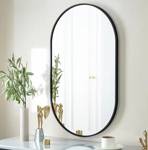 XRAMFY 17IN. W X 30IN. H OVAL CLASSIC ALUMINUM ALLOY FRAMED WALL MIRROR - BLACK - Like New