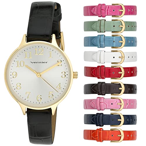 VERNIER WOMEN'S WATCH WITH 10 INTERCHANGEABLE VEGAN STRAPS - GOLD - Like New