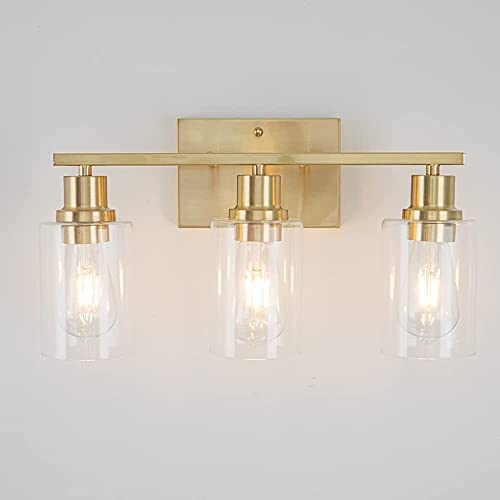 EMONG Bathroom Light Fixtures 3-Lights Vanity Light Clear Glass Shade - Gold Like New