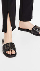 79985 TORY BURCH WOMEN'S DOUBLE T SPORT SLIDES BLACK/GOLD SIZE 8.5 - Like New