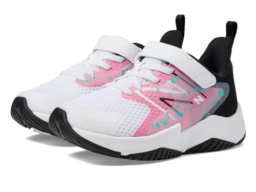 NEW BALANCE UNISEX-CHILD RAVE RUN V2 BUNGEE LACE WHITE/REAL PINK/BLACK -SIZE 5.5 Like New